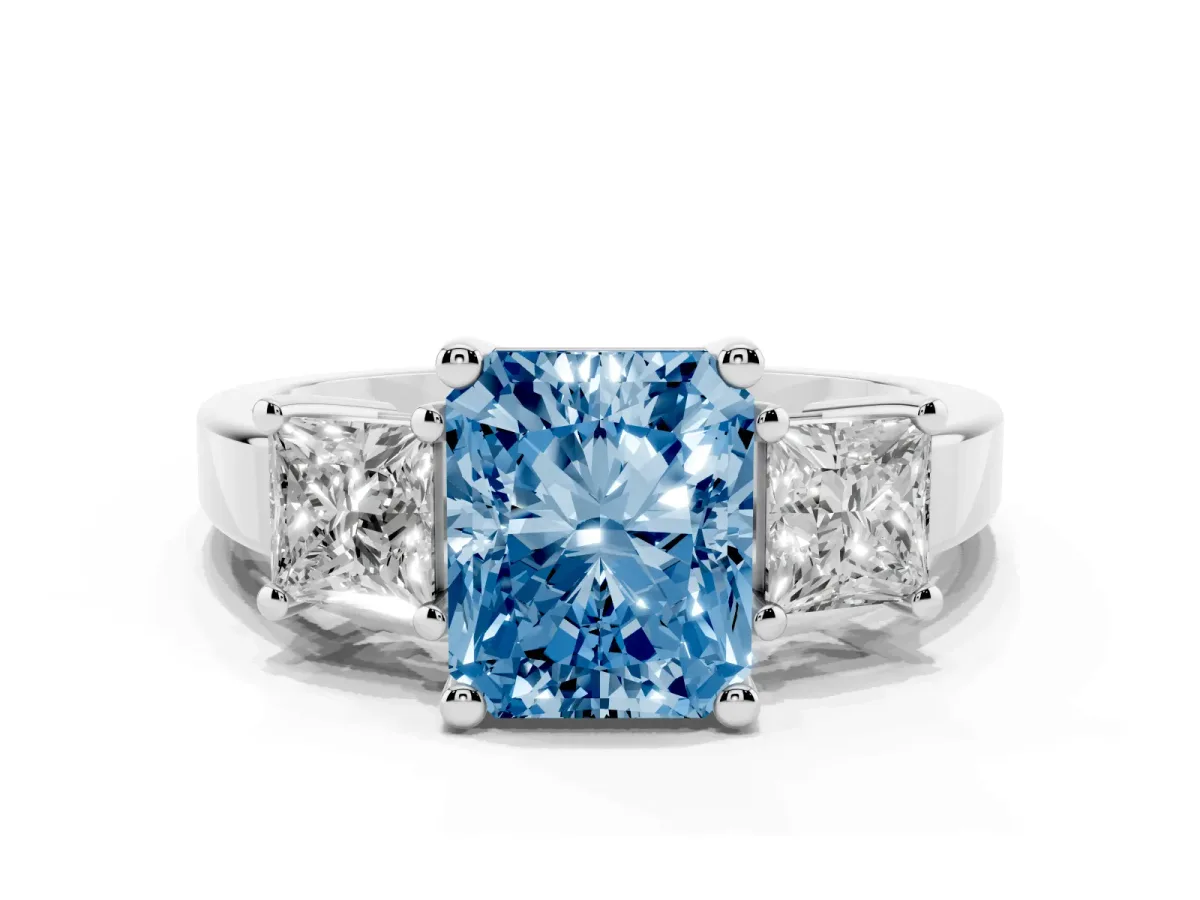 Fancy Blue Three-Stone Radiant Cut Cut Solitaire Ring with Prong Setting Silver