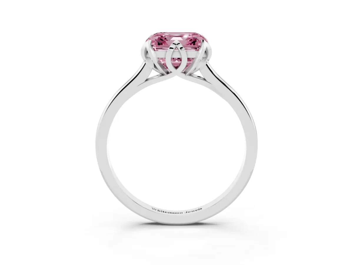 Fancy Pink Asscher Cut Diamond Solitaire Ring with Flower Prong Setting and Classic Band Silver