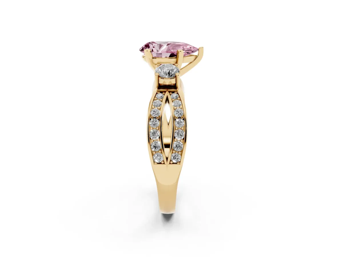 Fancy Pink Three-Stone Pear Cut Cut Diamond Twist Band with Prong Setting Yellow gold