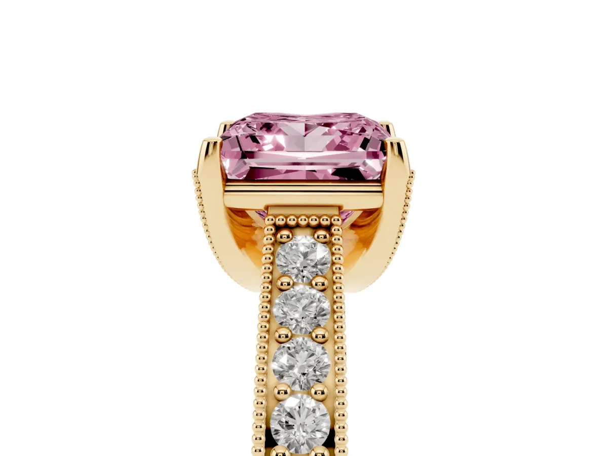 Fancy Pink Princess Cut Cut Diamond Solitaire Ring with Milgrain Pave Band and Four Prong Setting Yellow gold