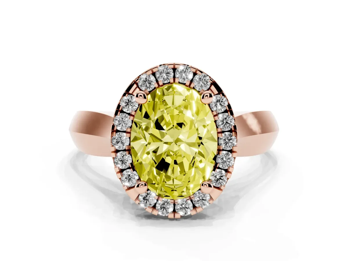 Fancy Yellow Oval Cut Cut Halo Solitaire Engagement Ring with Square Band and Four-Prong Setting Rose gold