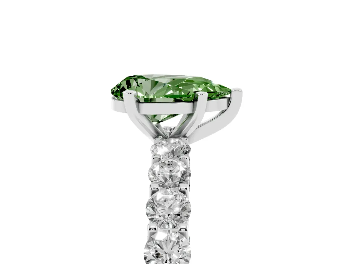 Fancy Green Pear Cut Diamond Solitaire Ring with Shared Prong Pavé Band and Four-Prong Setting Silver