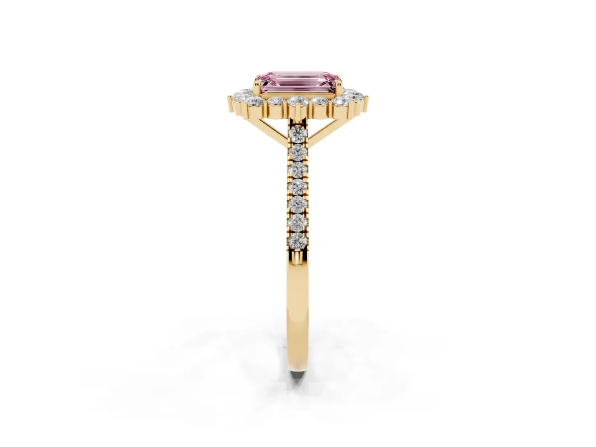 Fancy Pink Emerald Cut Halo Diamond Ring with Pavé Band and Prong Setting Yellow gold