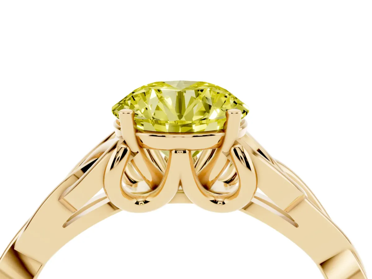 Fancy Yellow Round Cut Diamond Solitaire Engagement Ring with Celtic Knot Band and Four-Prong Setting Yellow gold