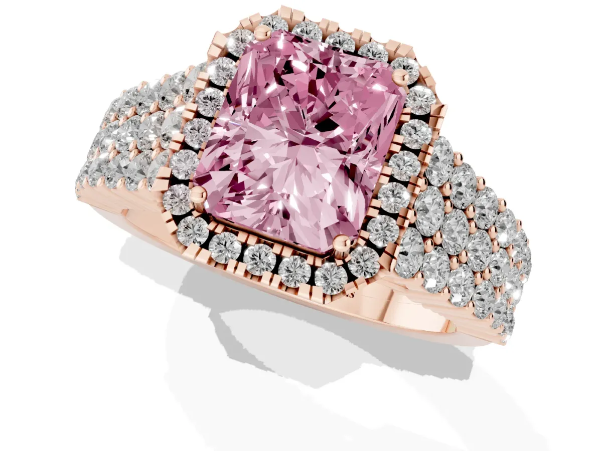 Fancy Pink Radiant Cut Diamond Halo Engagement Ring with Triple Row Round Pavé Band and Prong Setting Rose gold