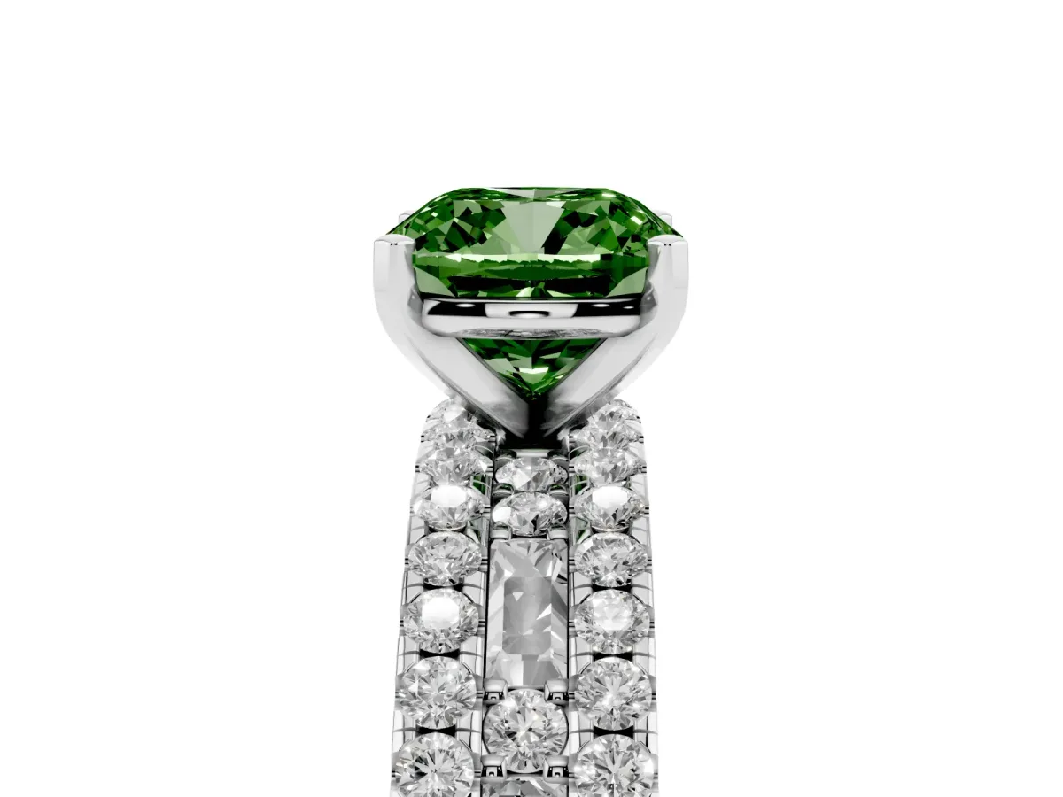 Fancy Green Cushion Cut Diamond Solitaire Ring with Pavé and Channel Set Band Platinum
