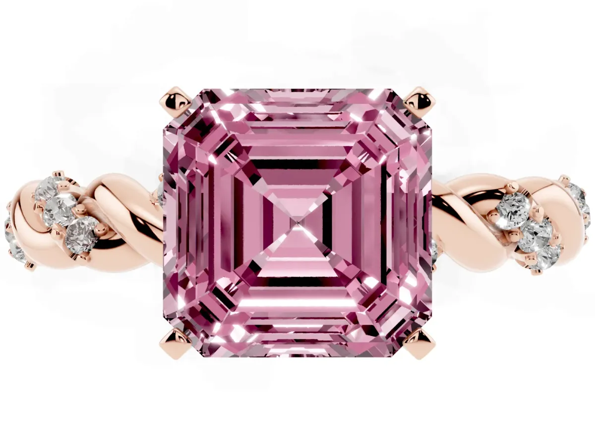 Fancy Pink Asscher Cut Diamond Solitaire Ring with Twisted Band and Pavé Accents Rose gold