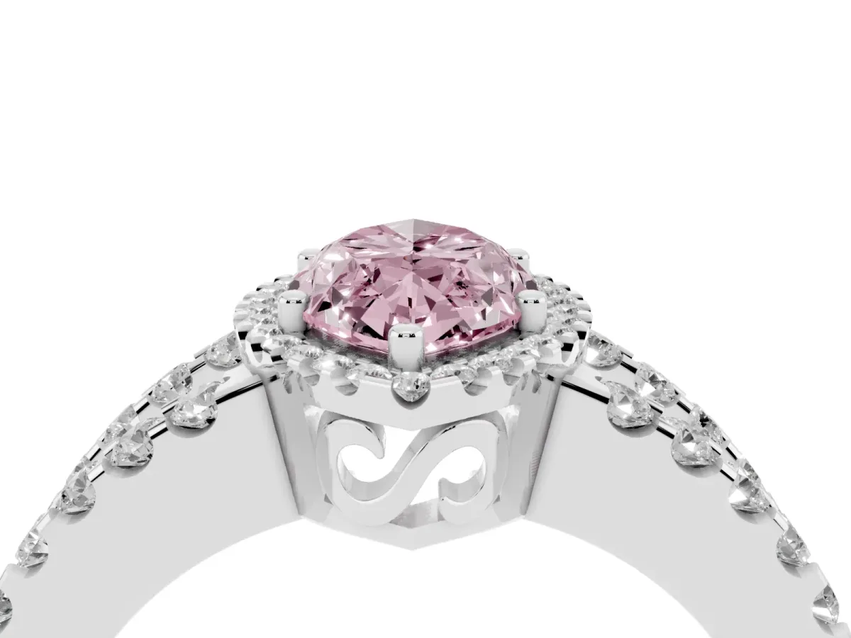 Fancy Pink Marquise Cut Cut Halo Split Shank Diamond Ring with Four-Prong Setting Silver
