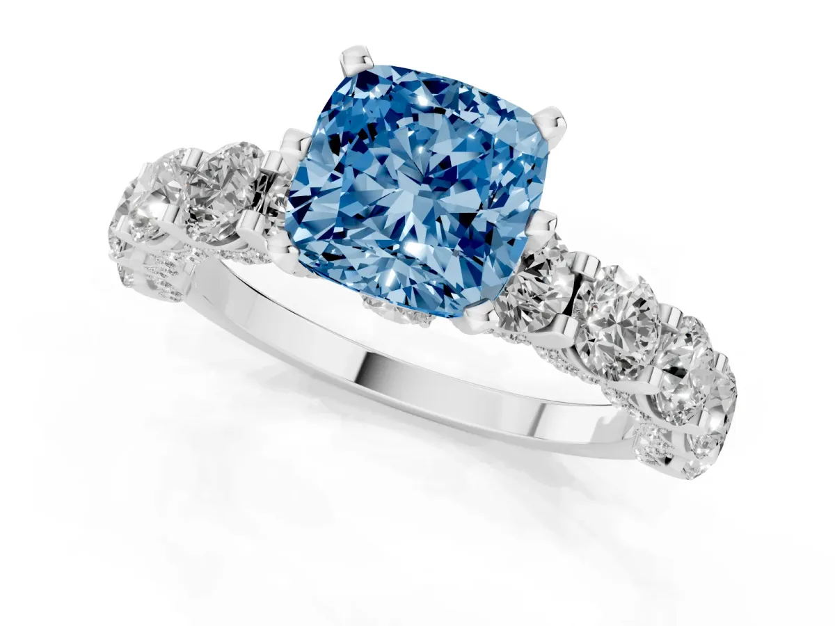 Fancy Blue Cushion Cut Diamond Side Stone Engagement Ring with Four-Prong Setting Platinum