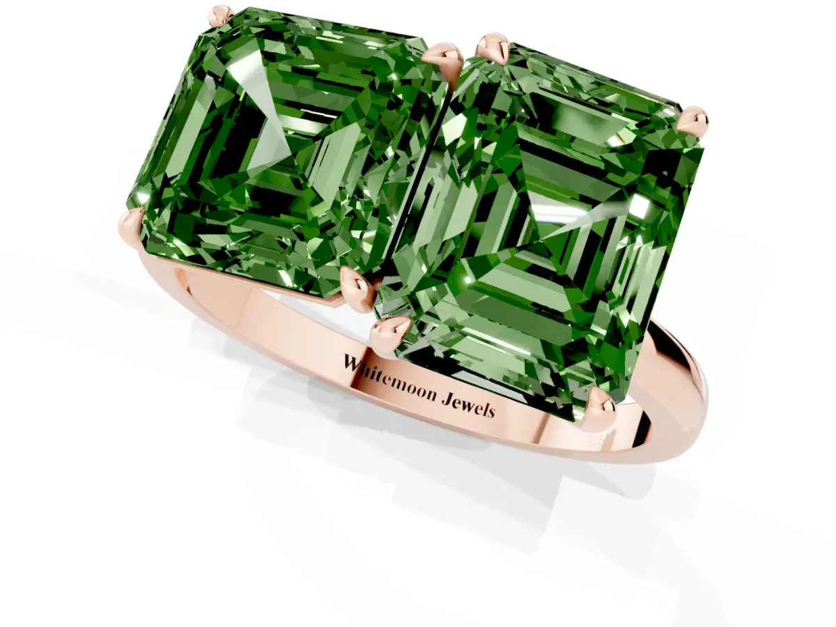 Fancy Green Asscher Cut and Emerald Cut Toi Moi Ring with Prong Setting Rose gold