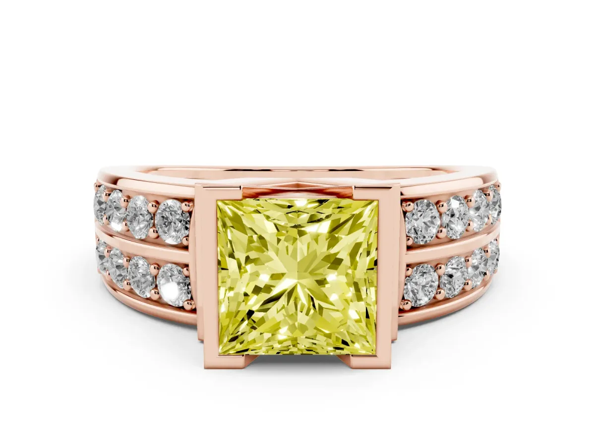 Fancy Yellow Princess Cut Brilliant Diamond Channel Set Wide Band Ring with Bezel Setting Rose gold
