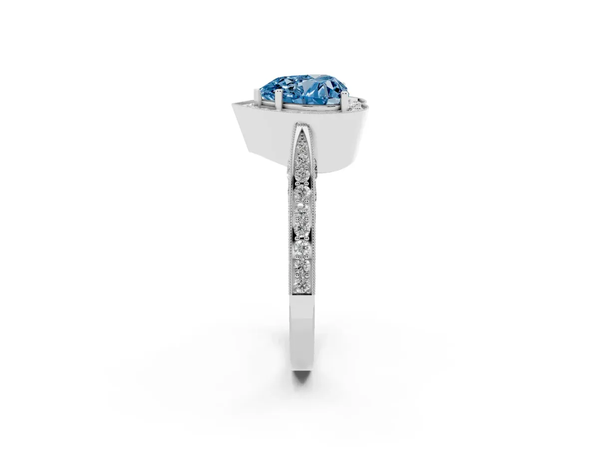 Fancy Blue Heart Cut Halo Diamond Engagement Ring with Split Shank Band and Four-Prong Setting Silver