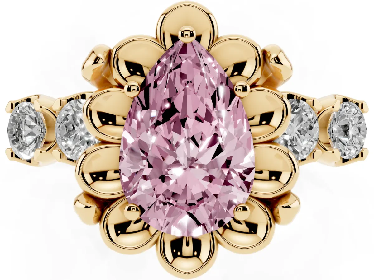 Fancy Pink Pear Cut Cut Diamond Floral Halo Engagement Ring with Shared Prong Setting Yellow gold