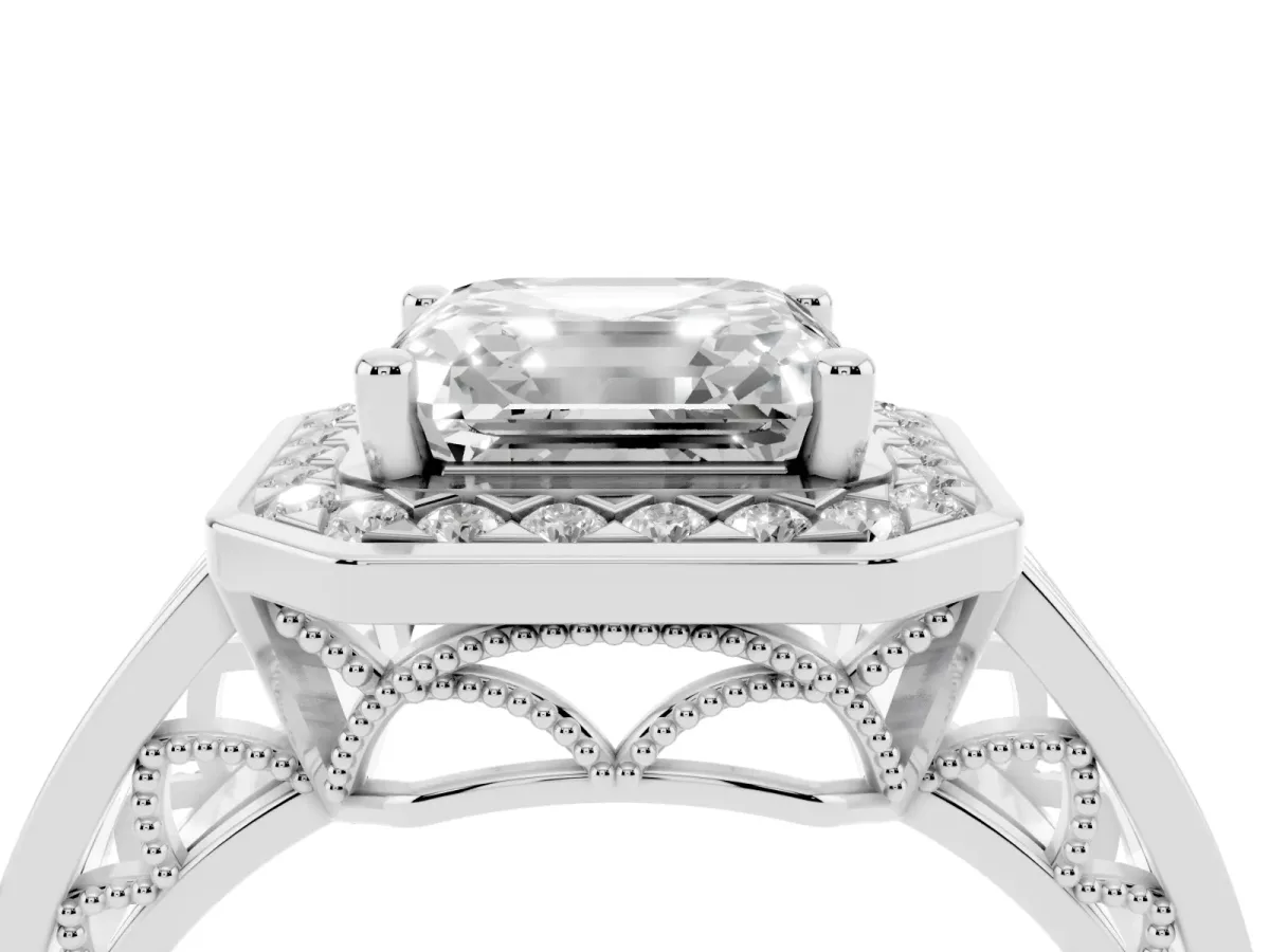 Asscher Cut Diamond Halo Ring with Split Shank and Bezel Accents and Prong Setting Silver