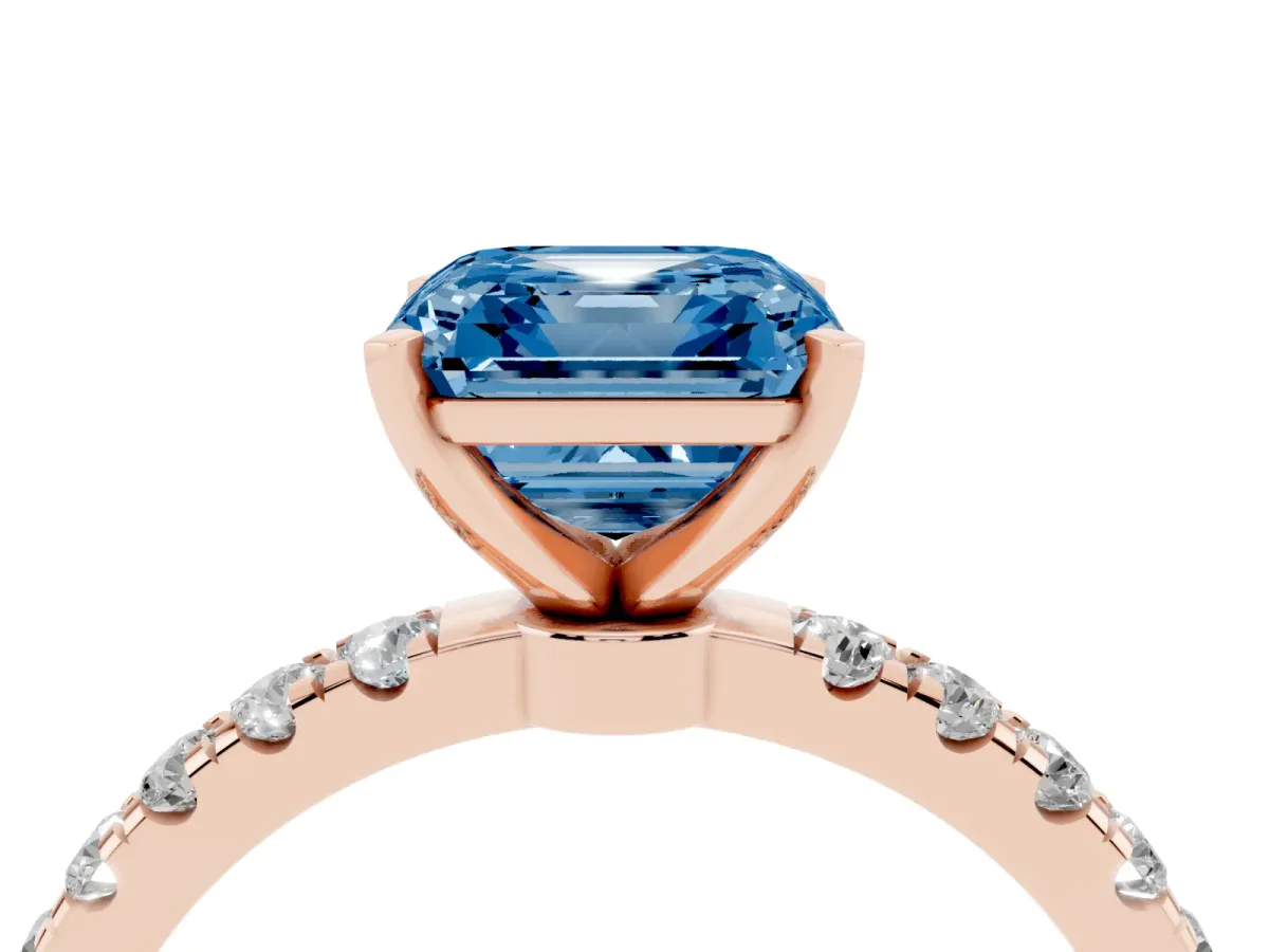 Fancy Blue Asscher Cut Diamond Solitaire Ring with Pavé Accents and Four-Prong Setting Rose gold