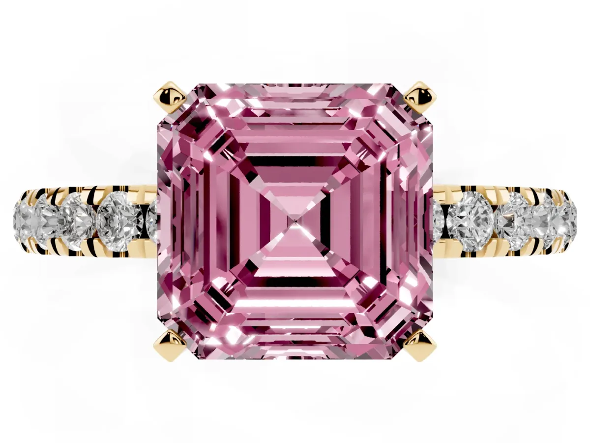 Fancy Pink Asscher Cut Diamond Solitaire Ring with Pavé Accents and Four-Prong Setting Yellow gold
