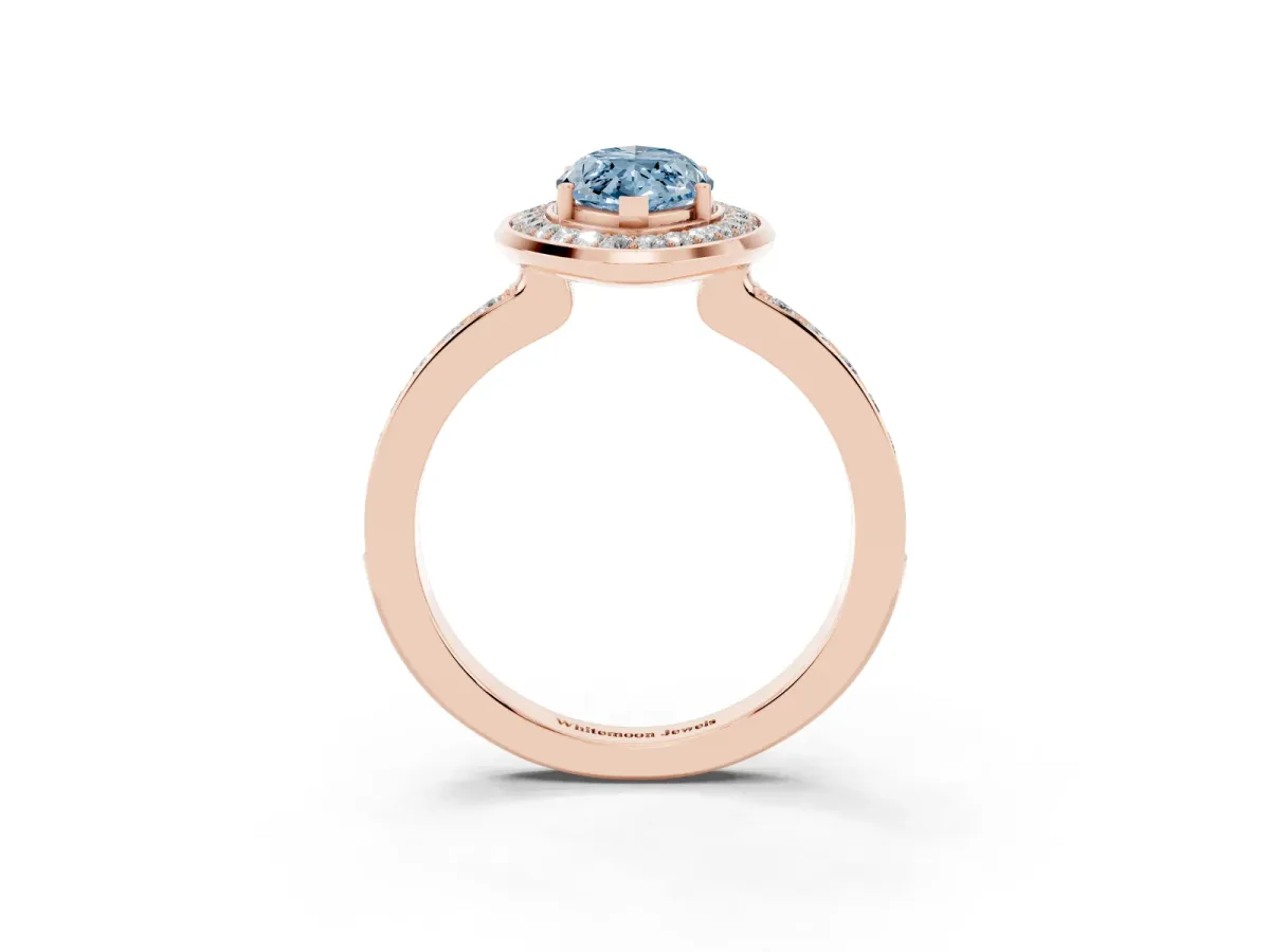 Fancy Blue Marquise Cut Diamond Halo Ring with Bezel Frame and Pavé Band Rose gold