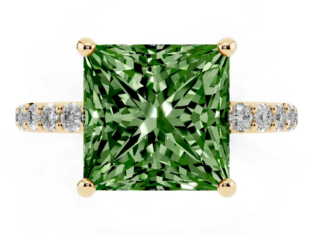 Fancy Green Princess Cut Diamond Solitaire Ring with Round Pavé Band and Prong Setting Yellow gold