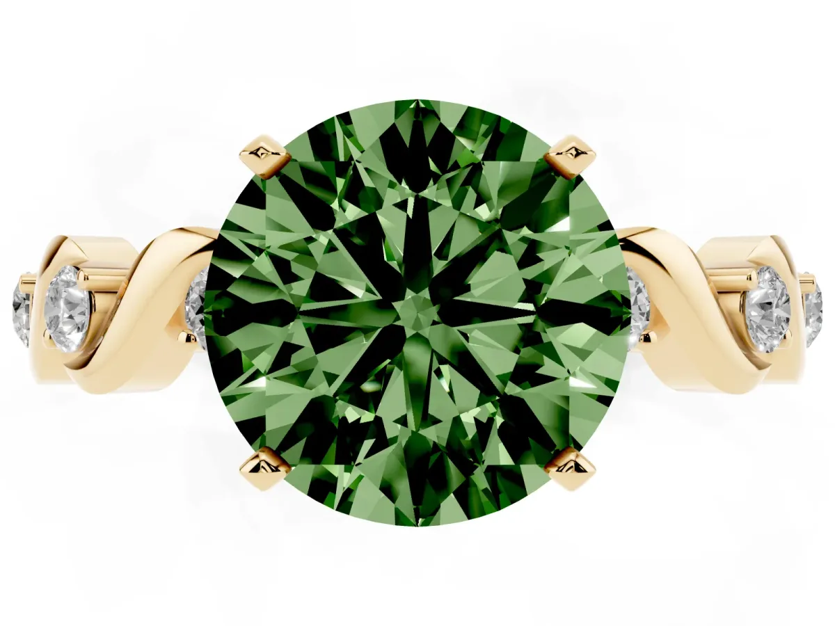 Fancy Green Round Cut Diamond Solitaire Twisted Band with Round Accents and Prong Setting Yellow gold