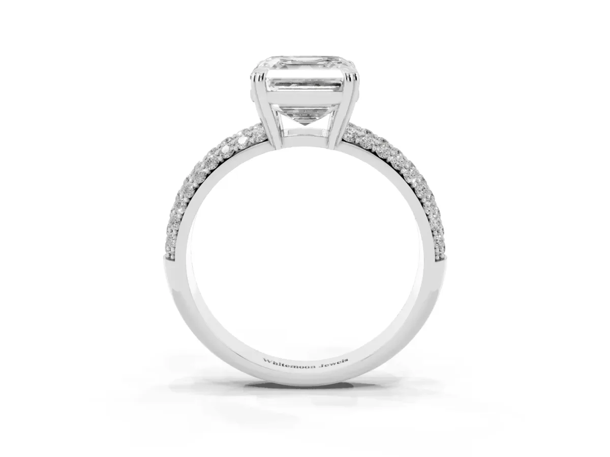Asscher Cut Diamond Solitaire Ring with Multi-Row Round Pavé Band and Prong Setting Silver