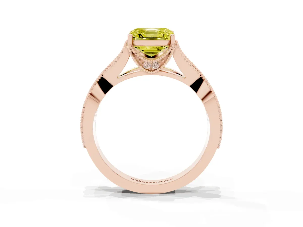 Fancy Yellow Asscher Cut Cut Diamond Twisted Band with Milgrain Pave Setting and Four-Prong Setting Rose gold