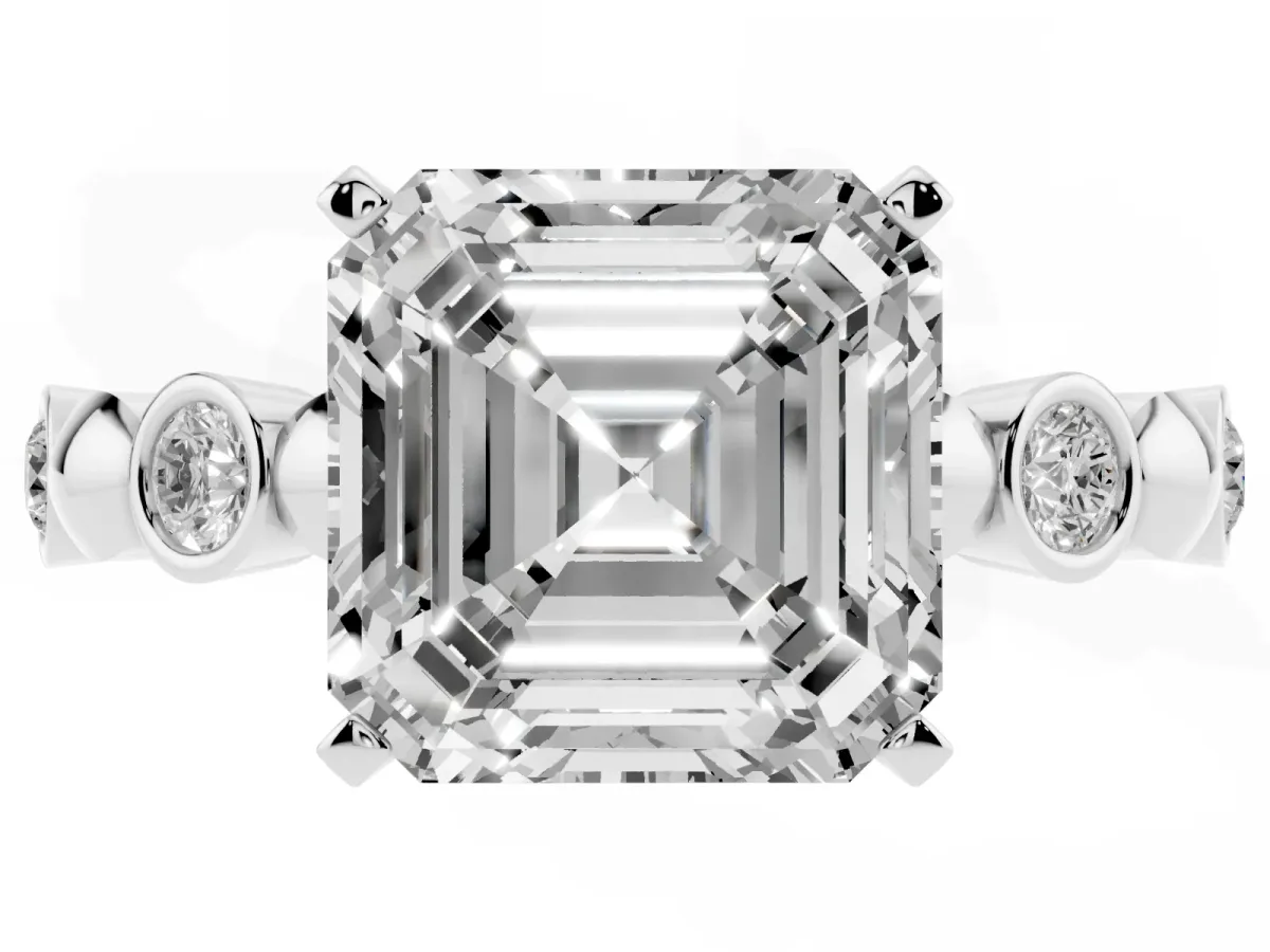 Asscher Cut Solitaire Bezel-Set Diamond Ring with Beaded Band and Four-Prong Setting Platinum