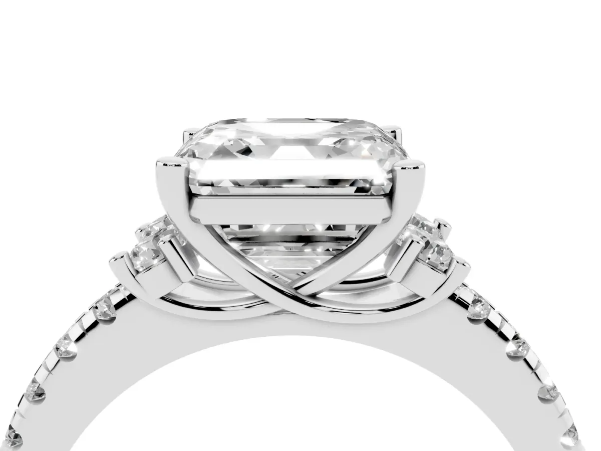 Asscher Cut Diamond Three-Stone Pave Band with Four-Prong Setting White gold