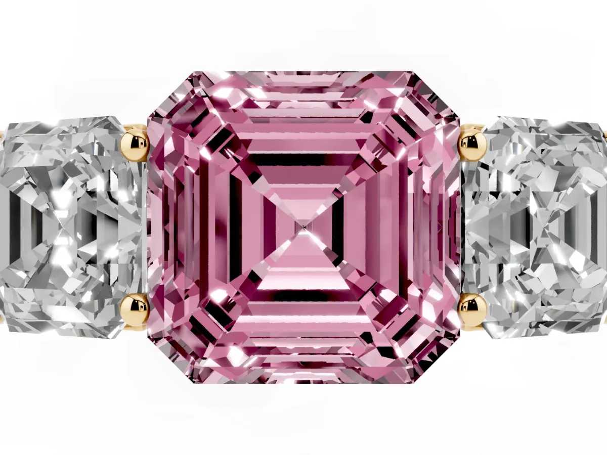 Fancy Pink Asscher Cut Three-Stone Diamond Ring with Prong Setting on a Classic Band Yellow gold