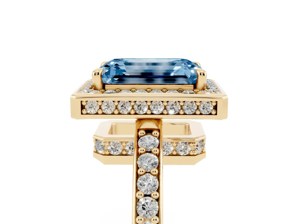 Fancy Blue Emerald Cut Halo Pave Band Solitaire Ring with Prong Setting Yellow gold