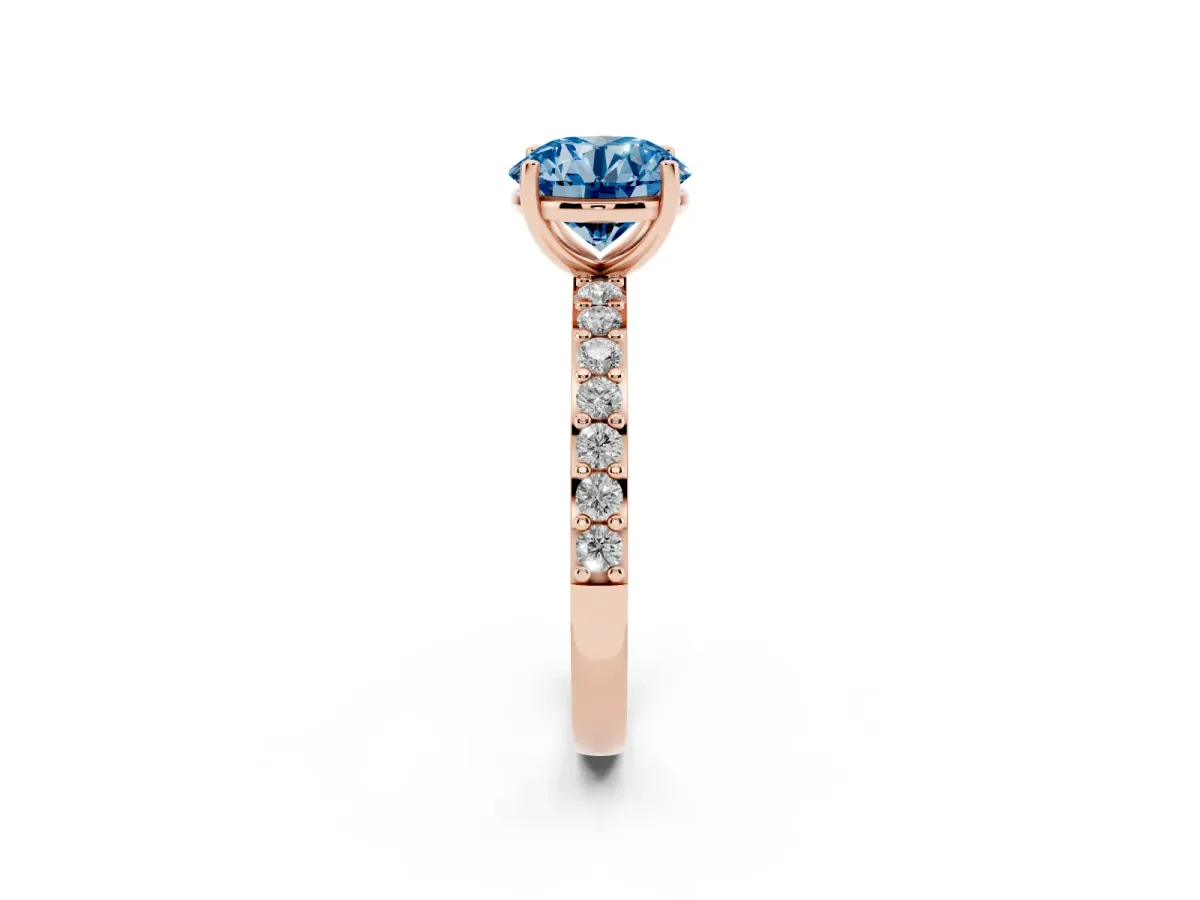 Fancy Blue Round Cut Cut Diamond Solitaire with Pave Band and Four-Prong Setting Rose gold