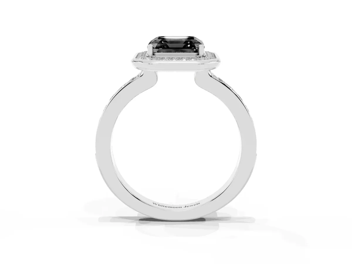 Fancy Black Asscher Cut Diamond Halo Ring with Bezel Frame and Pavé Band Silver
