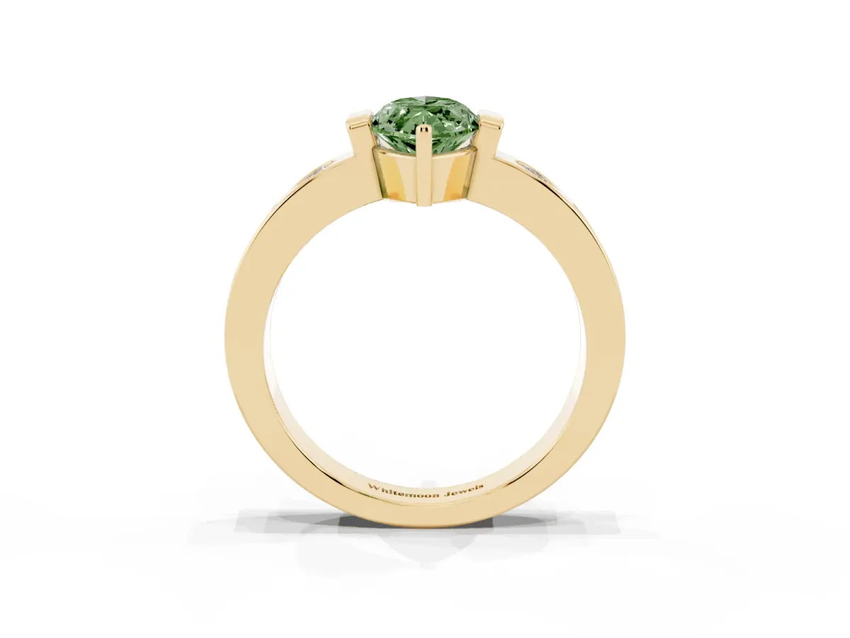 Fancy Green Marquise Cut Brilliant Channel-Set Diamond Ring with Bezel Prong Setting Yellow gold
