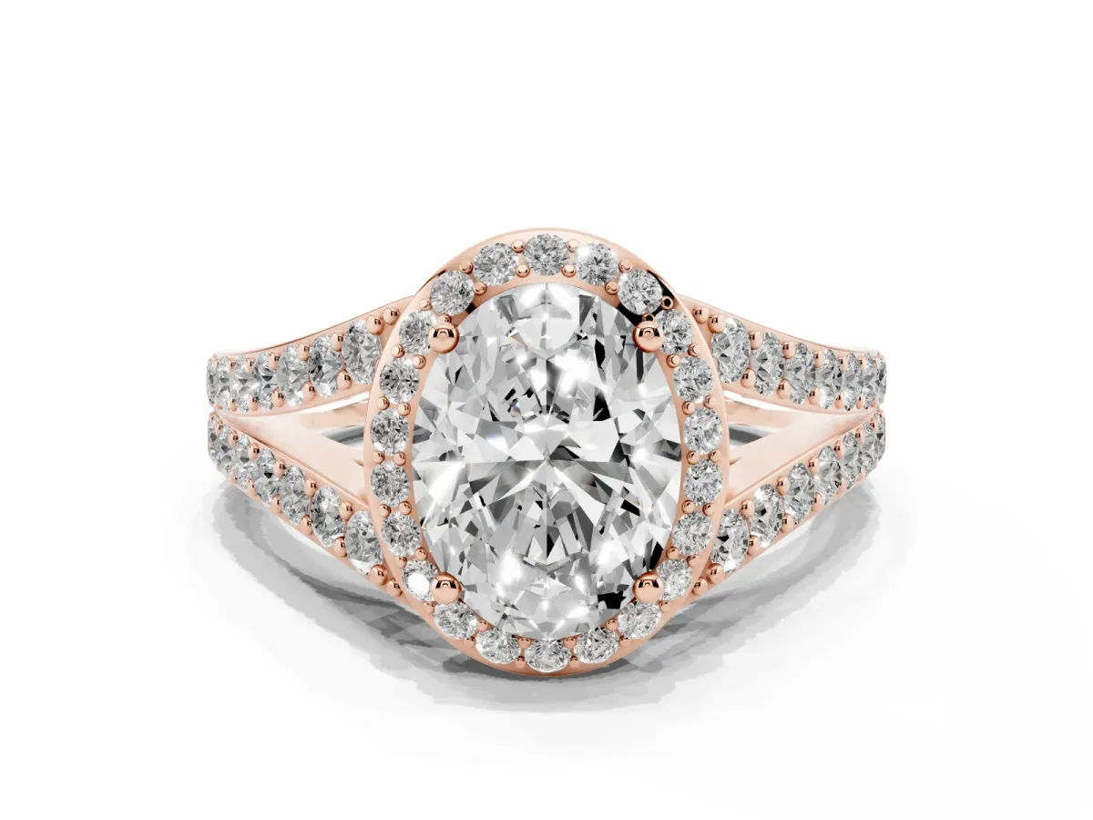 Oval Cut Diamond Split Shank Halo Ring with Four-Prong Setting Rose gold