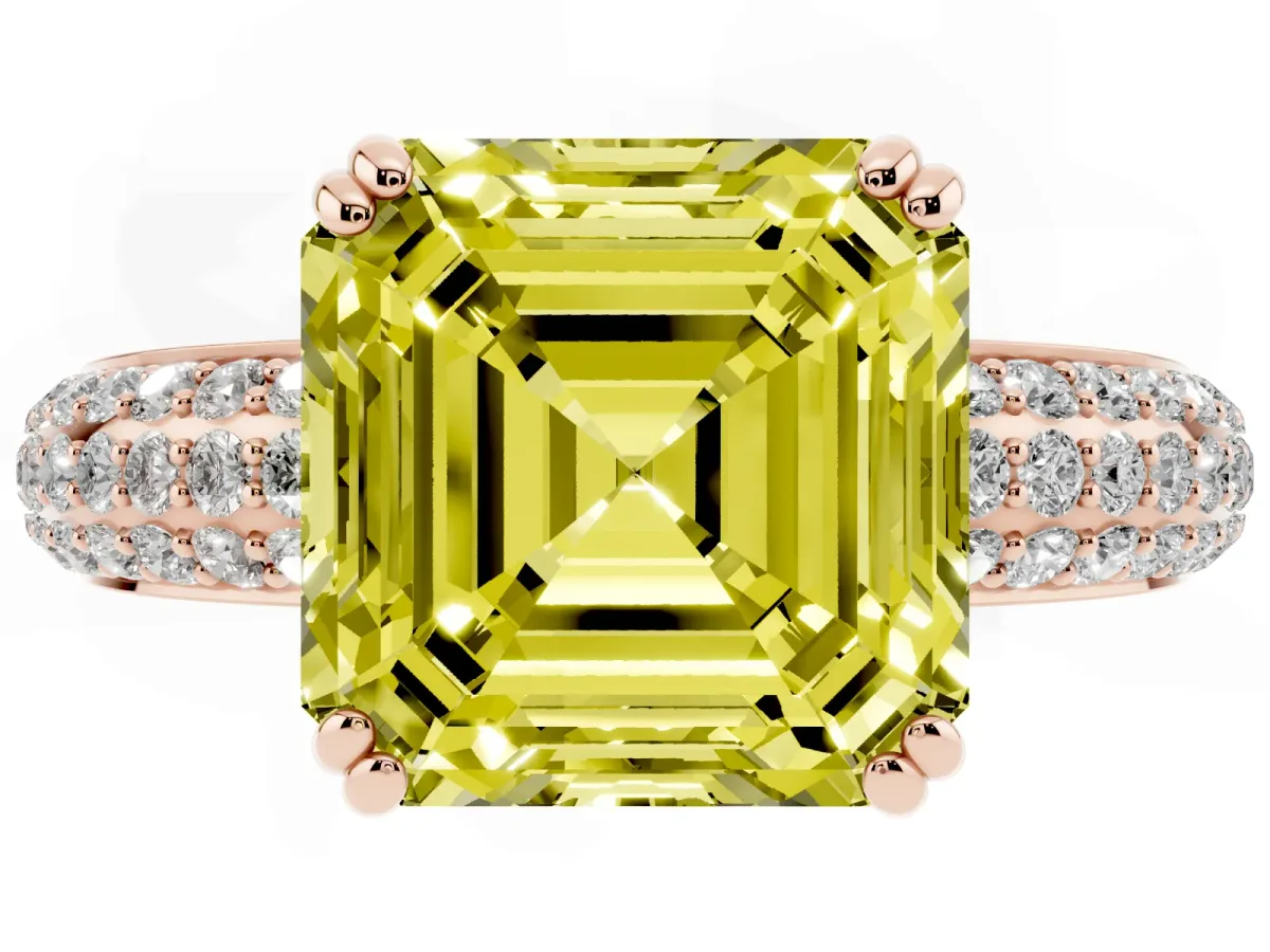 Fancy Yellow Asscher Cut Diamond Solitaire Ring with Multi-Row Round Pavé Band and Prong Setting Rose gold