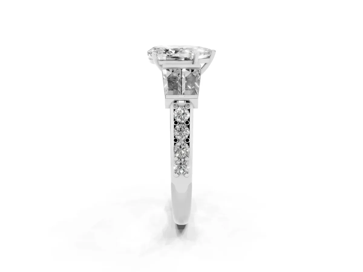 Pear Cut Diamond Engagement Ring with Baguette Side Stones and Channel Set Band Platinum