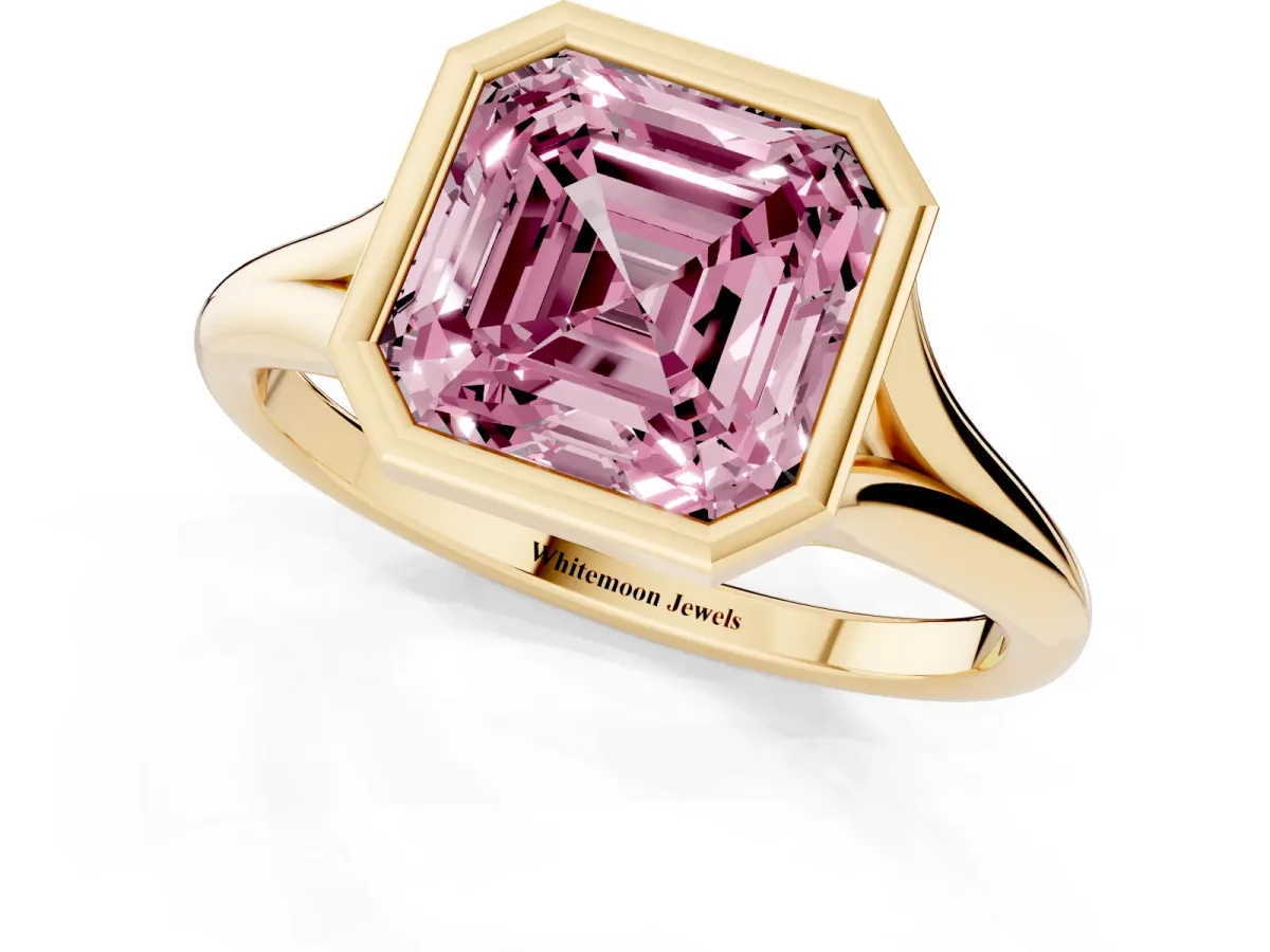 Fancy Pink Bezel Set Asscher Cut Cut Solitaire Ring with Tapered Band Yellow gold
