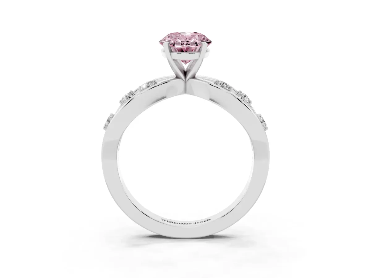 Fancy Pink Oval Cut Cut Solitaire Diamond with Side Stones on Criss-Cross Band and Four-Prong Setting Platinum