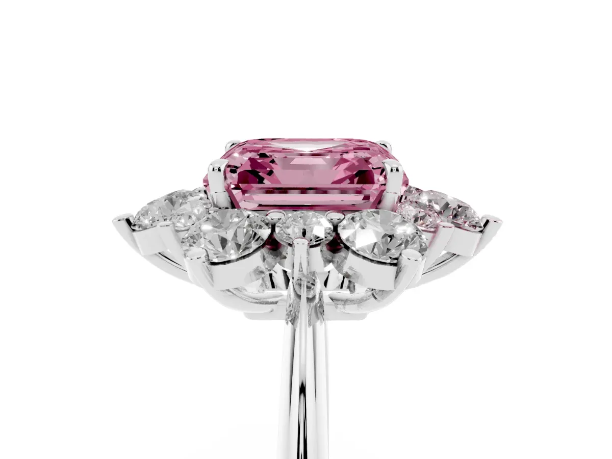 Fancy Pink Asscher Cut Diamond Cluster Halo Ring with Solitaire Band and Four-Prong Setting Silver