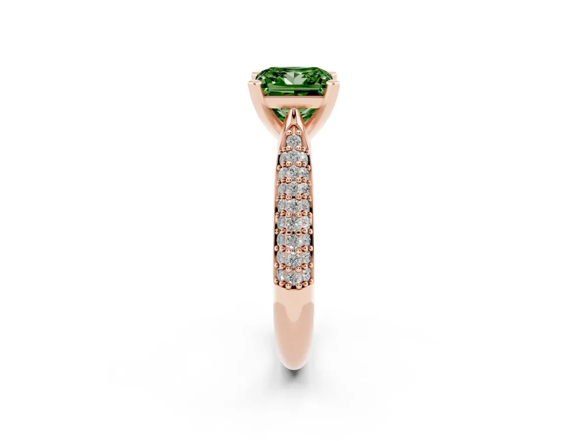 Fancy Green Princess Cut Diamond Solitaire Engagement Ring with Multi-Row Round Pavé Band and Prong Setting Rose gold