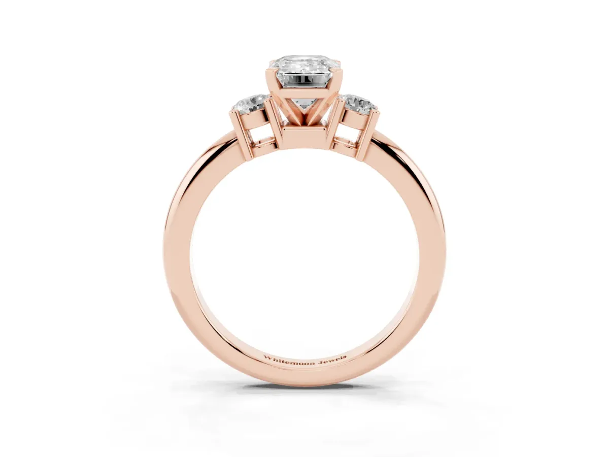 Three-Stone Emerald Cut Cut Diamond Solitaire with Prong Setting and Classic Band Rose gold