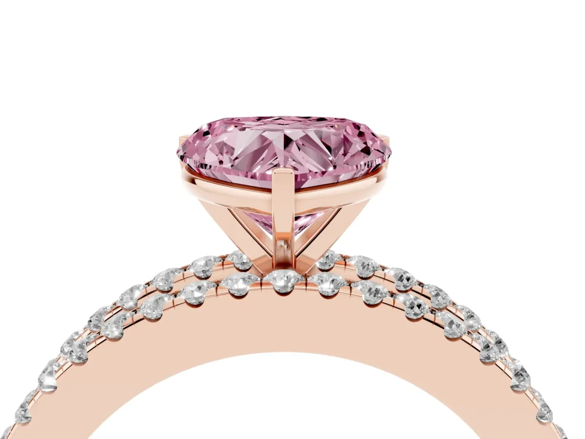 Fancy Pink Heart Cut Diamond Solitaire Ring with Pavé and Channel Set Band Rose gold