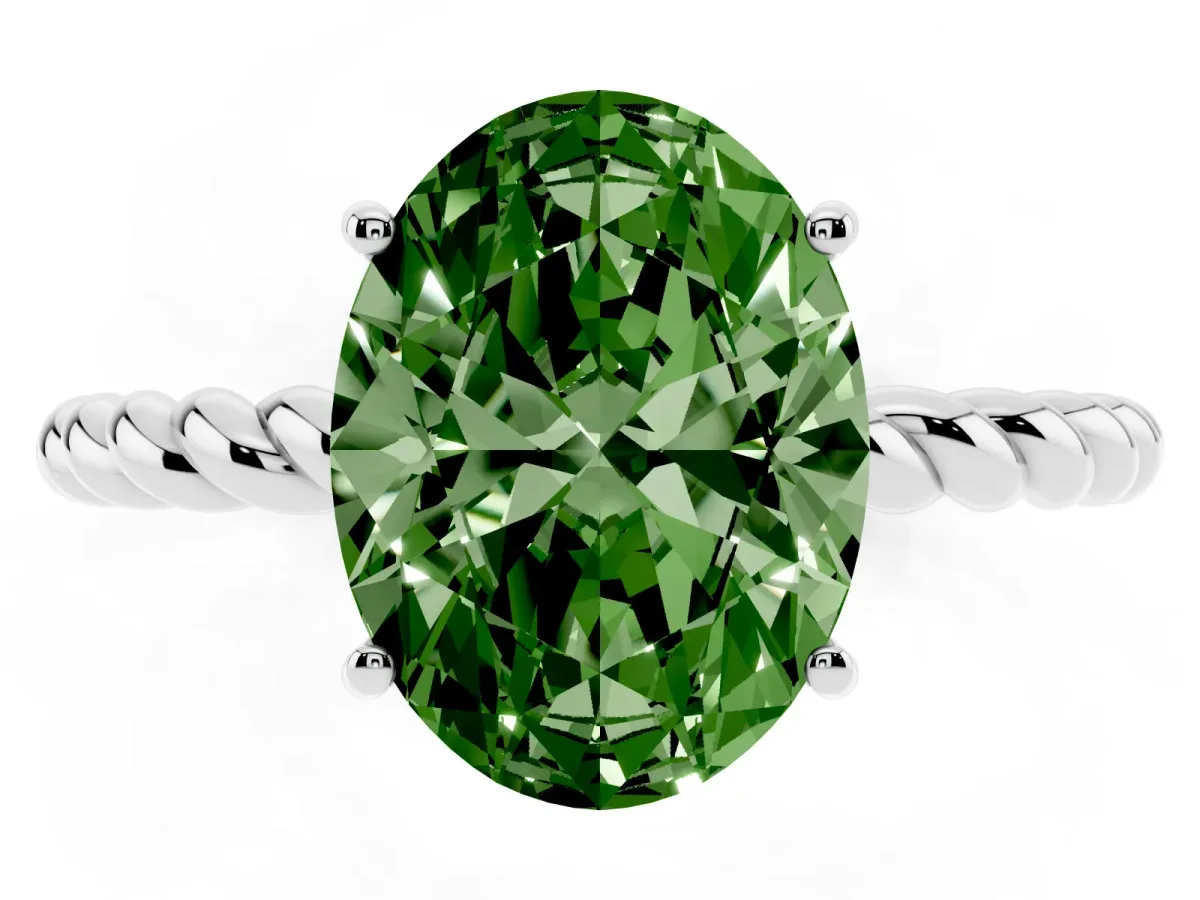 Fancy Green Oval Cut Solitaire Twisted Band 4-Prong Ring Silver