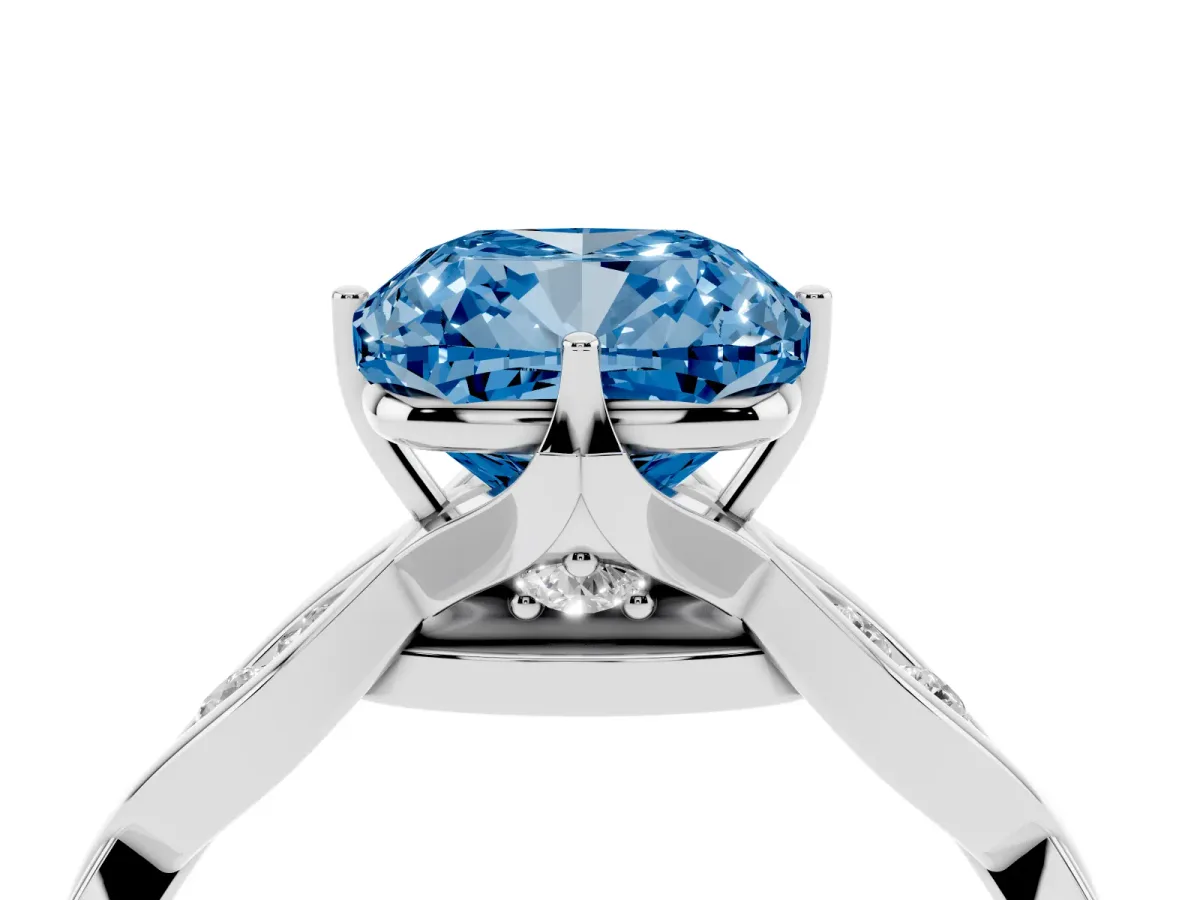 Fancy Blue Cushion Cut Solitaire Twist Band with Leaf Prong Setting Silver