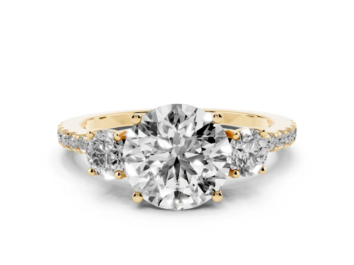 Three-Stone Round Cut Cut Diamond Pavé Band with Prong Setting Yellow gold