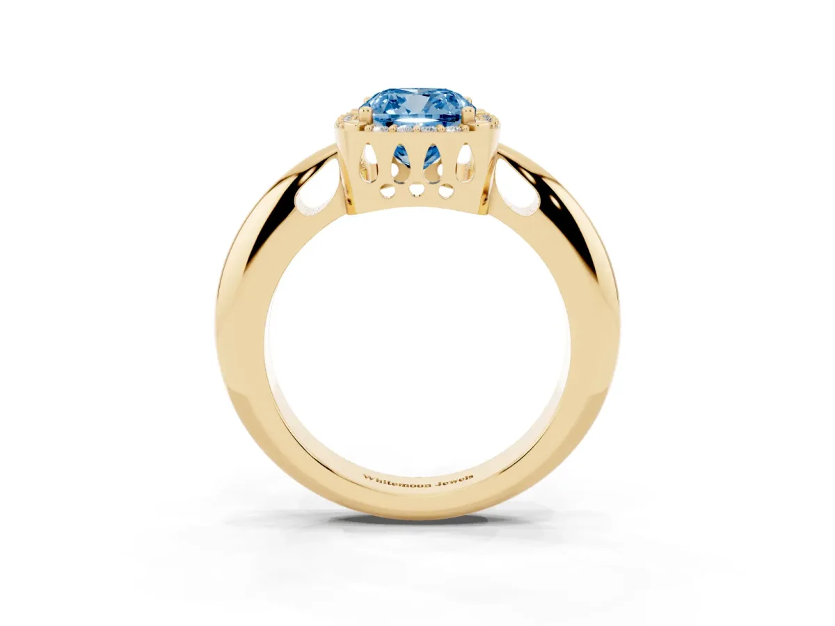 Fancy Blue Cushion Cut Cut Diamond Halo Engagement Ring with Split Shank and Four-Prong Setting Yellow gold