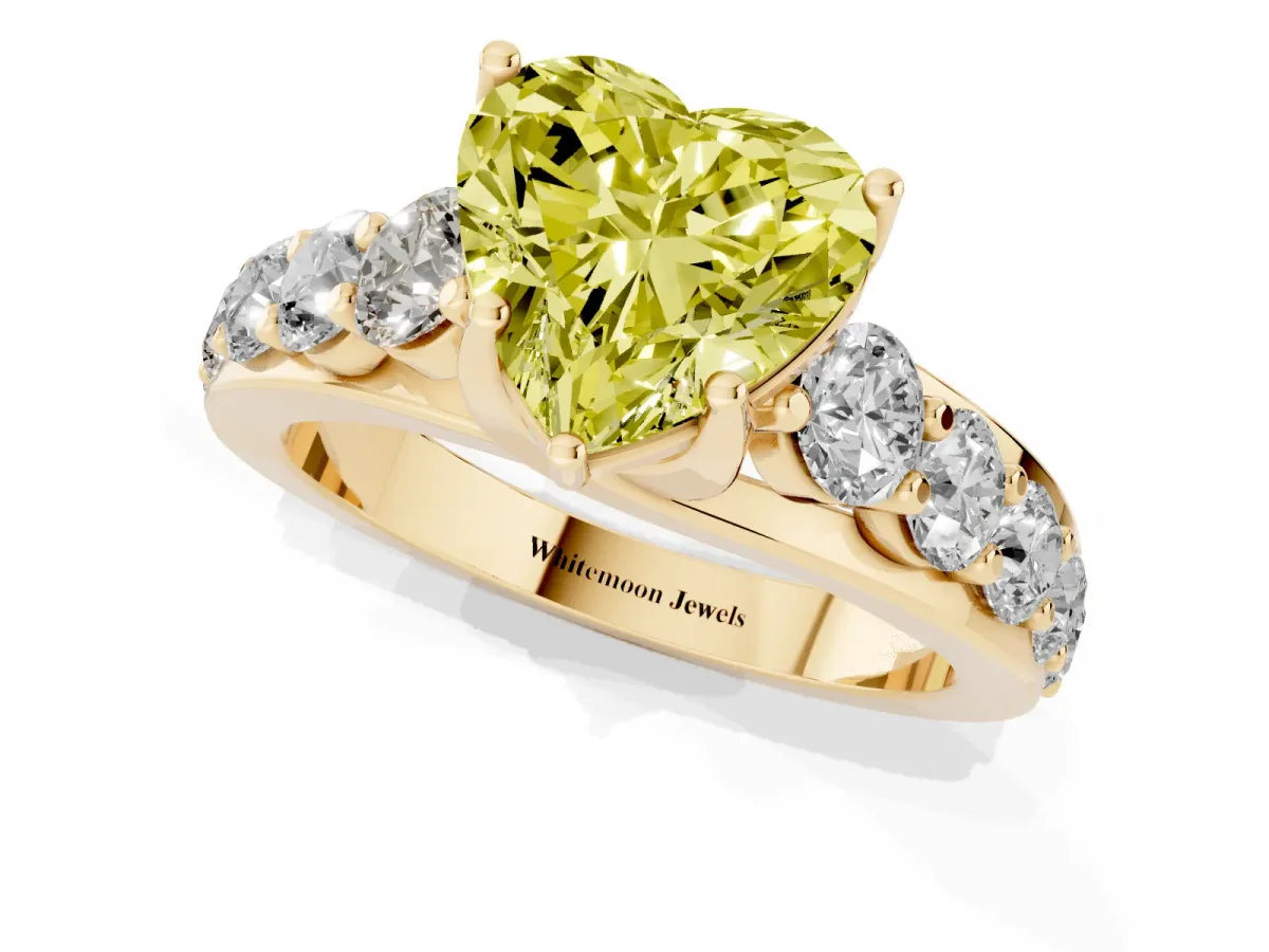 Fancy Yellow Heart Cut Diamond Engagement Ring with Pavé Band and Four-Prong Setting Yellow gold