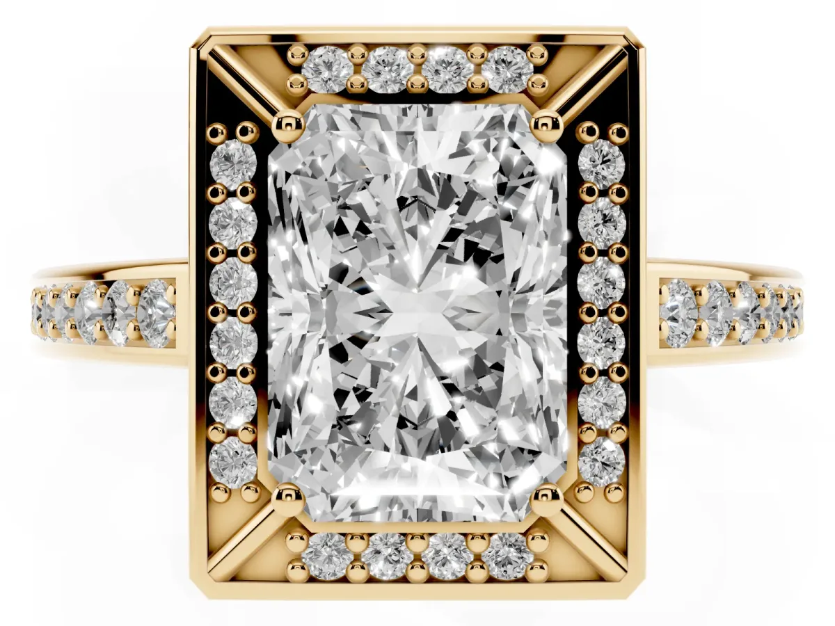 Radiant Cut Cut Halo Pave Split Shank Prong Setting Ring Yellow gold