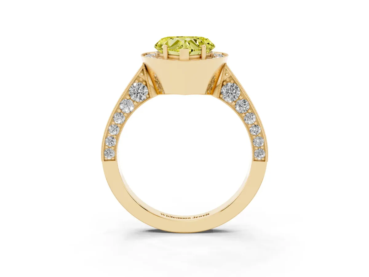 Fancy Yellow Heart Cut Halo Diamond Engagement Ring with Split Shank Band and Four-Prong Setting Yellow gold