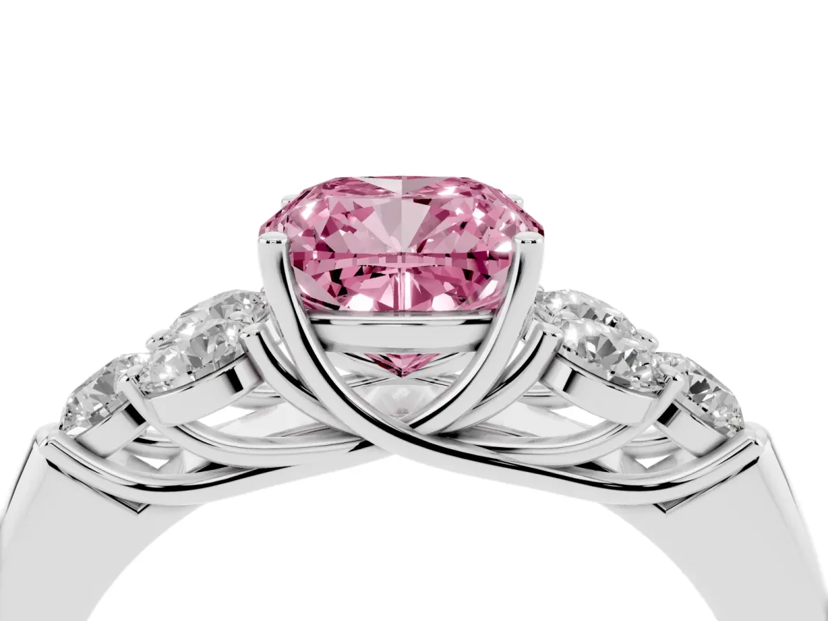 Fancy Pink Cushion Cut Cut Diamond Cluster Ring with Round Accent Stones and Prong Setting on a Classic Band Platinum