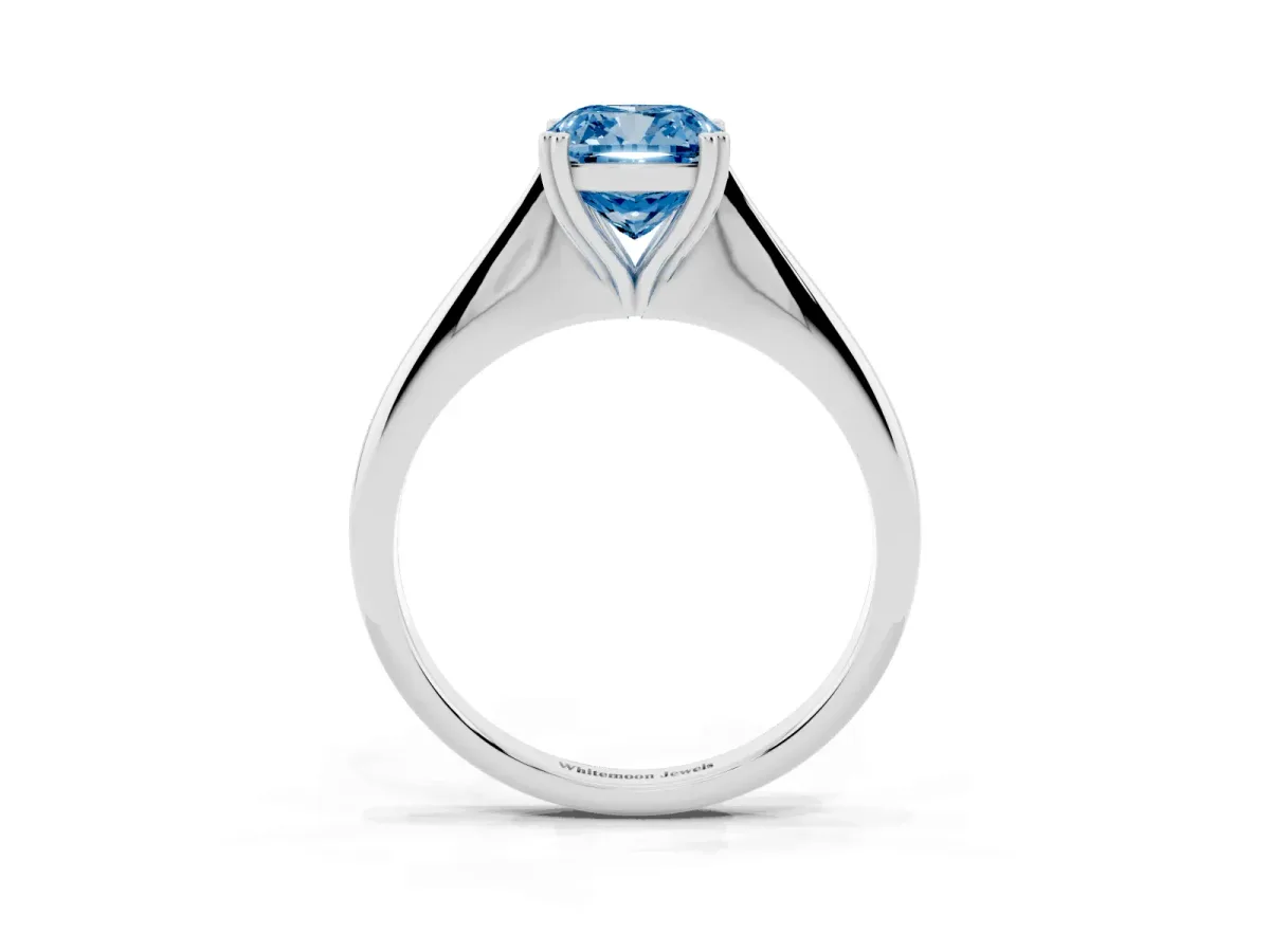 Fancy Blue Cushion Cut Solitaire Diamond Ring with Six-Prong Setting and Classic Band Silver